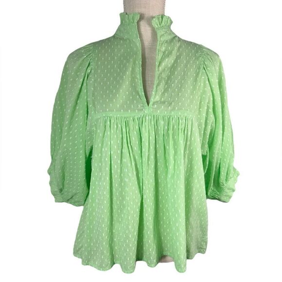 Never A Wallflower Lime Green Sherbet Swiss Dot Peasant Top - Picture 3 of 11